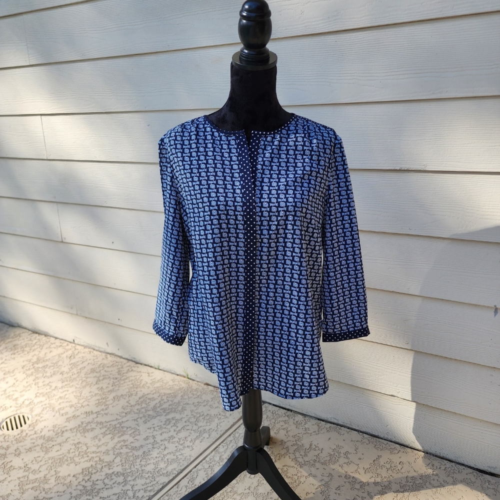 Talbot blouse women large blue chain 3/4 sleeve button up round neck